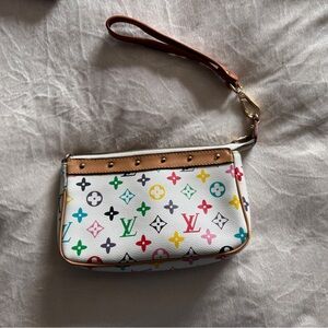 Louis Vuitton White Multicolor Monogram Wristlet with Tan Strap